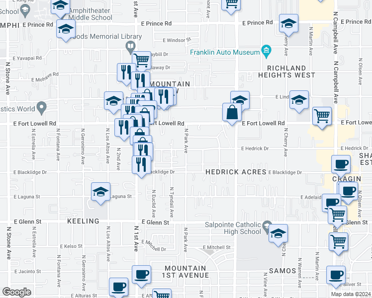 map of restaurants, bars, coffee shops, grocery stores, and more near N Park Ave & E Hedrick Dr in Tucson