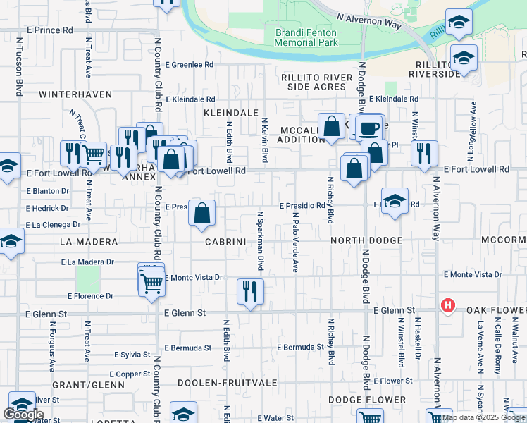 map of restaurants, bars, coffee shops, grocery stores, and more near 3401 East Presidio Road in Tucson