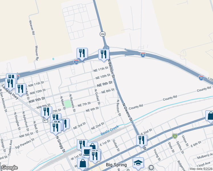 map of restaurants, bars, coffee shops, grocery stores, and more near 501-699 Northeast 9th Street in Big Spring
