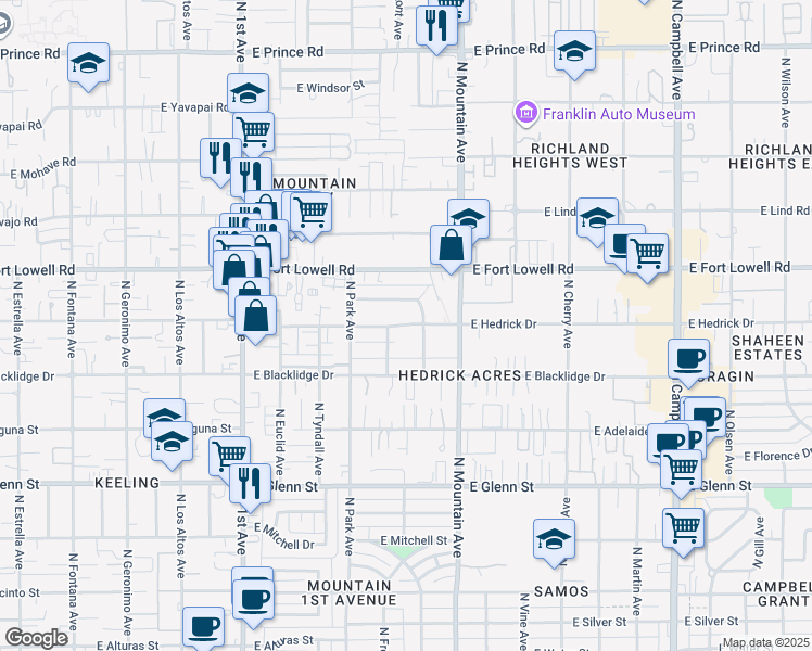 map of restaurants, bars, coffee shops, grocery stores, and more near 1106 East Blanton Drive in Tucson