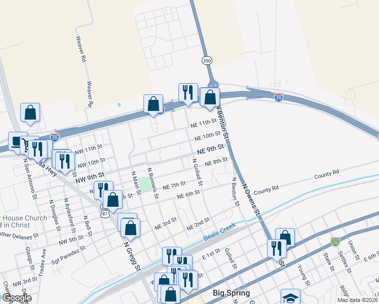 map of restaurants, bars, coffee shops, grocery stores, and more near 901 North Goliad Street in Big Spring