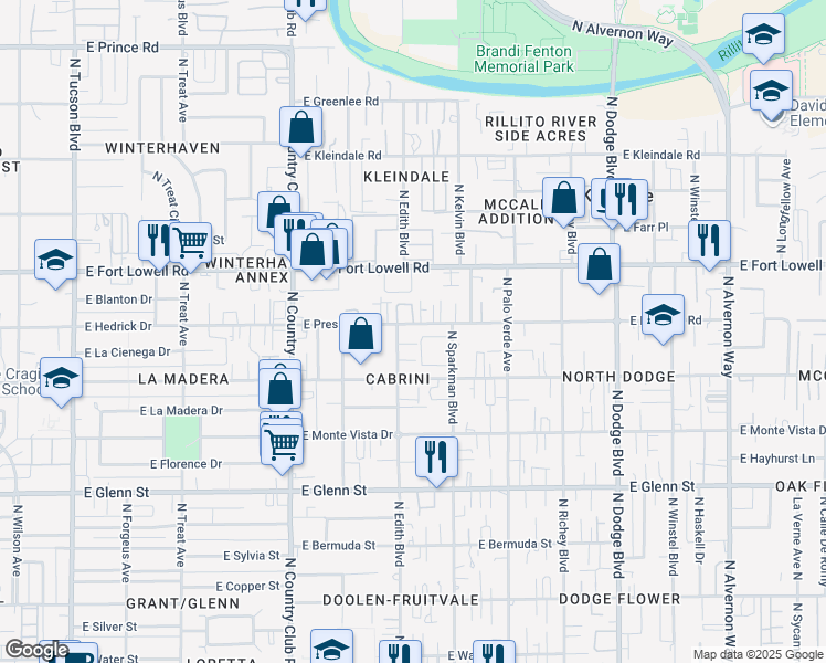 map of restaurants, bars, coffee shops, grocery stores, and more near 3310 East Presidio Road in Tucson