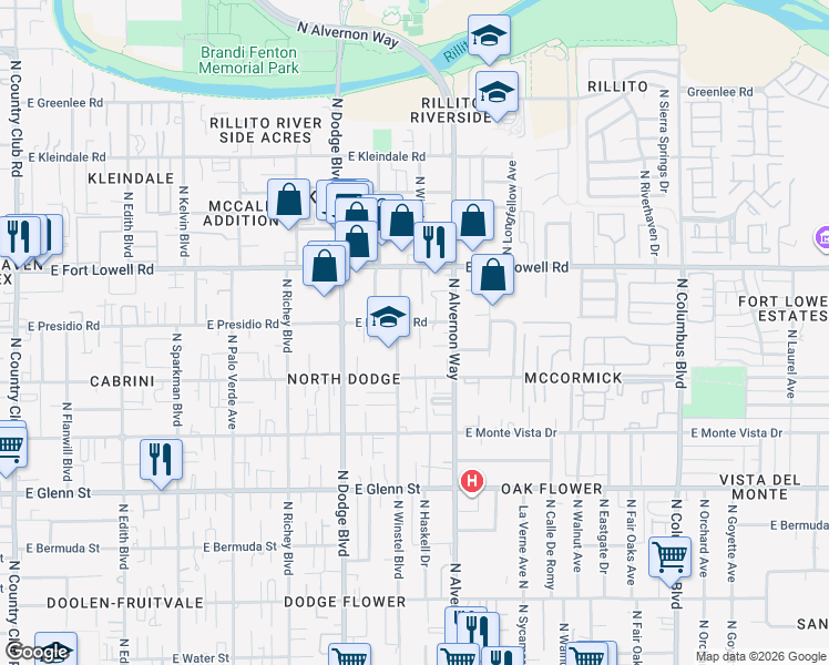 map of restaurants, bars, coffee shops, grocery stores, and more near 3102 North Winstel Boulevard in Tucson