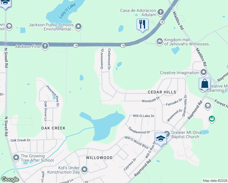 map of restaurants, bars, coffee shops, grocery stores, and more near 418 Cedarwood Drive in Jackson