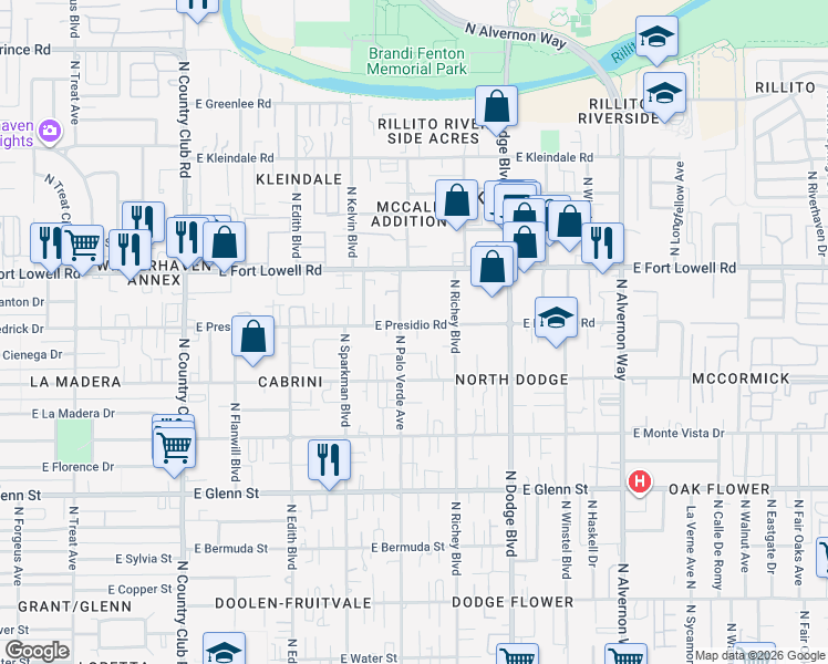 map of restaurants, bars, coffee shops, grocery stores, and more near 3504 East Presidio Road in Tucson