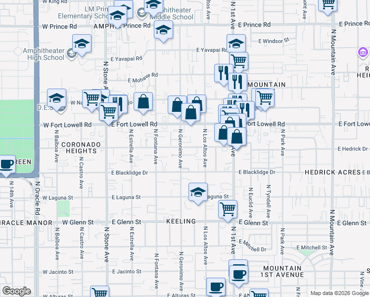map of restaurants, bars, coffee shops, grocery stores, and more near 3072 North Geronimo Avenue in Tucson