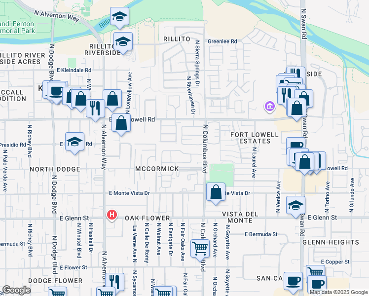 map of restaurants, bars, coffee shops, grocery stores, and more near 4219 East Presidio Road in Tucson