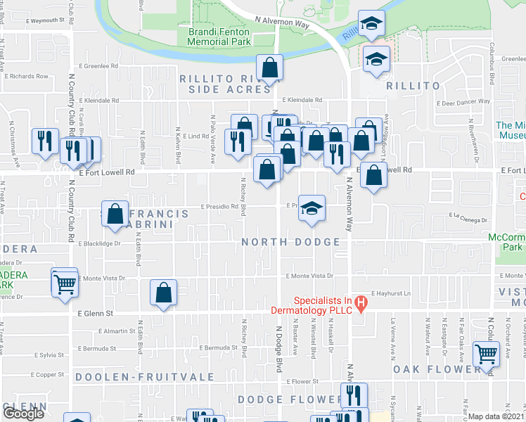 map of restaurants, bars, coffee shops, grocery stores, and more near 3667 East Presidio Road in Tucson