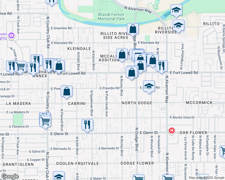 map of restaurants, bars, coffee shops, grocery stores, and more near 3519 East Presidio Road in Tucson
