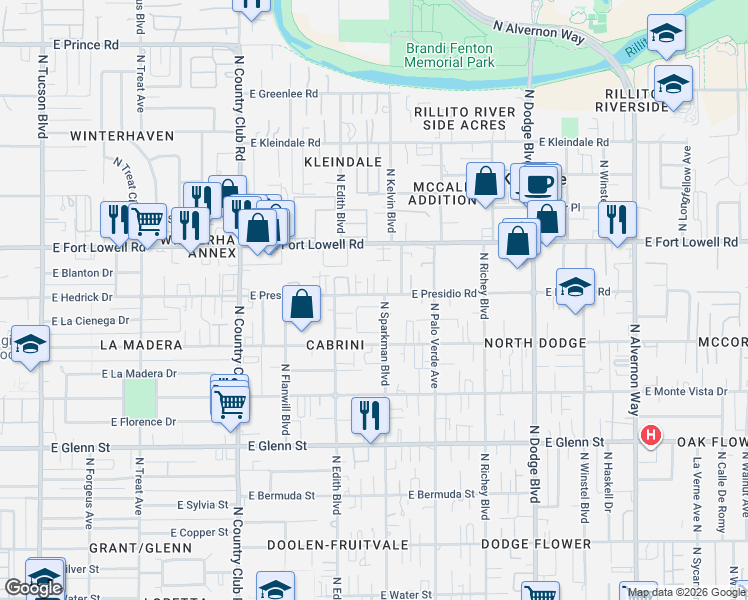 map of restaurants, bars, coffee shops, grocery stores, and more near 3401 East Presidio Road in Tucson