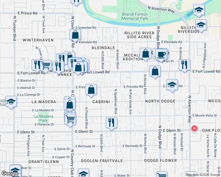 map of restaurants, bars, coffee shops, grocery stores, and more near 3315 East Presidio Road in Tucson