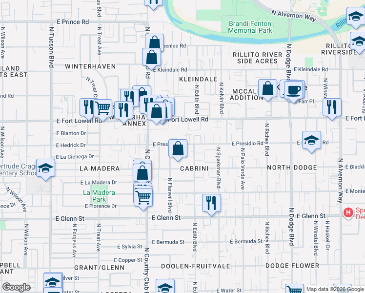 map of restaurants, bars, coffee shops, grocery stores, and more near 3225 East Presidio Road in Tucson