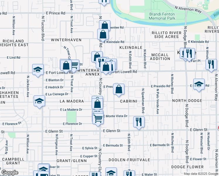 map of restaurants, bars, coffee shops, grocery stores, and more near 3201 East Presidio Road in Tucson