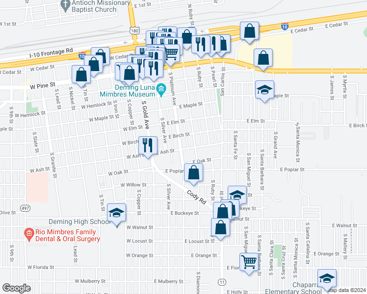 map of restaurants, bars, coffee shops, grocery stores, and more near 301 East Ash Street in Deming