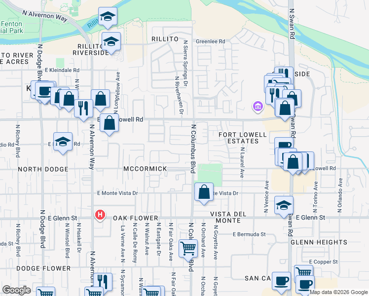 map of restaurants, bars, coffee shops, grocery stores, and more near 4219 East Presidio Road in Tucson