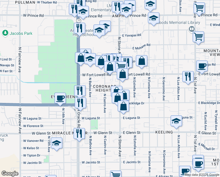 map of restaurants, bars, coffee shops, grocery stores, and more near 3113 North Stone Avenue in Tucson