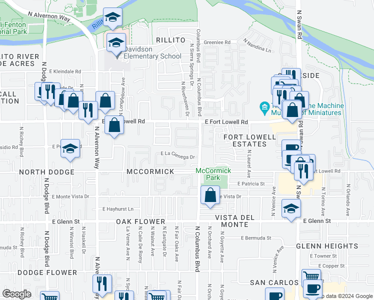 map of restaurants, bars, coffee shops, grocery stores, and more near 4234 East Presidio Road in Tucson