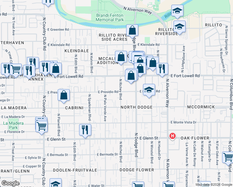 map of restaurants, bars, coffee shops, grocery stores, and more near 3519 East Presidio Road in Tucson
