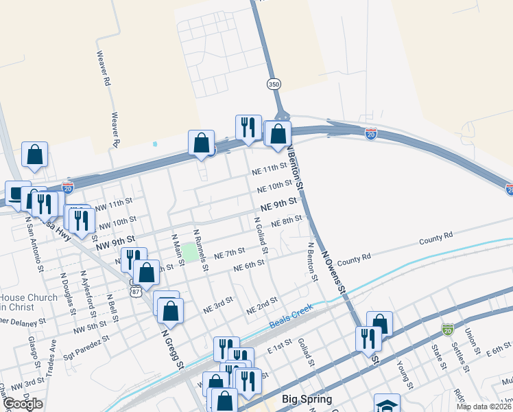 map of restaurants, bars, coffee shops, grocery stores, and more near 501 Northeast 9th Street in Big Spring