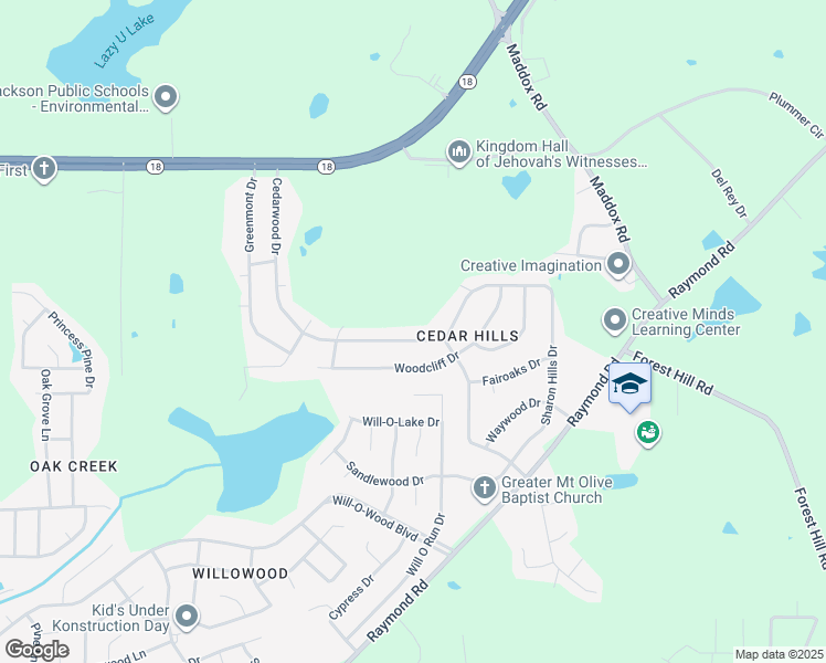 map of restaurants, bars, coffee shops, grocery stores, and more near 326 Cedarwood Drive in Jackson