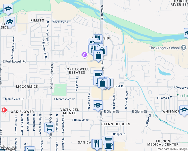 map of restaurants, bars, coffee shops, grocery stores, and more near 3121 North Swan Road in Tucson