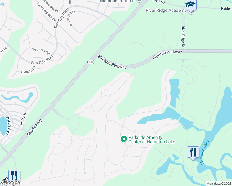 map of restaurants, bars, coffee shops, grocery stores, and more near 127 Station Parkway in Bluffton
