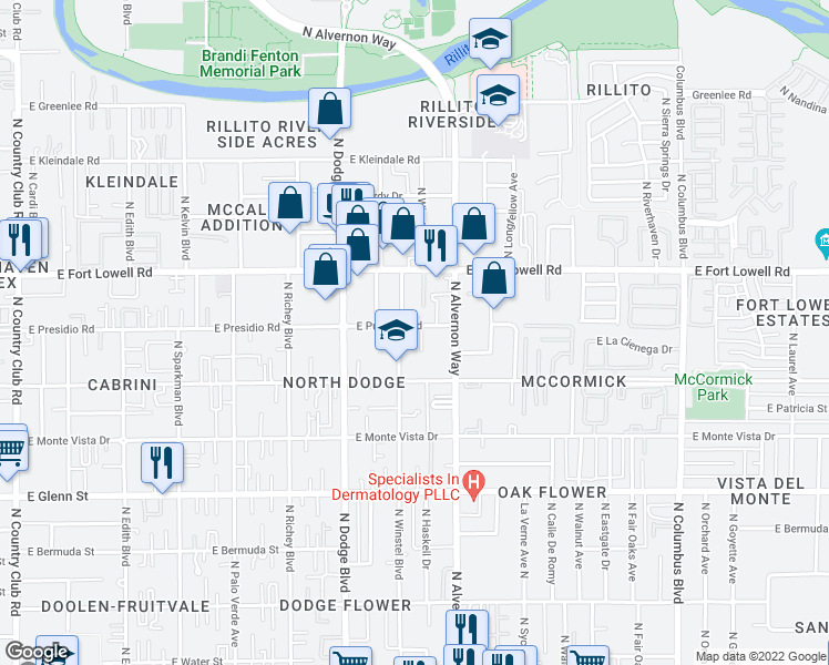 map of restaurants, bars, coffee shops, grocery stores, and more near 3091 North Desert Stone Place in Tucson