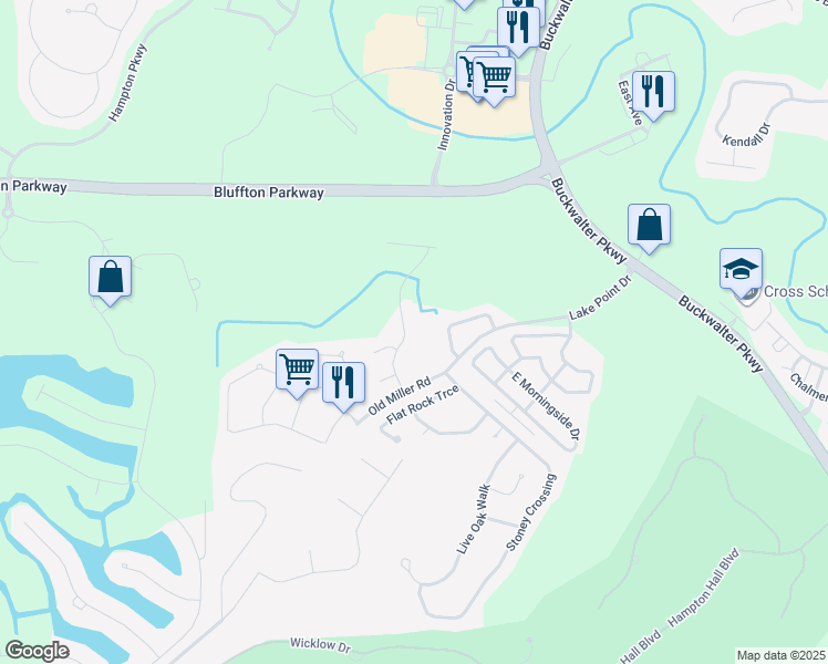 map of restaurants, bars, coffee shops, grocery stores, and more near 1093 South Innovation Drive in Bluffton