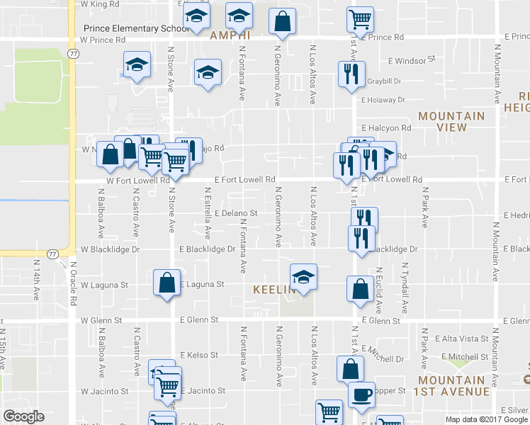 map of restaurants, bars, coffee shops, grocery stores, and more near East Delano Street in Tucson