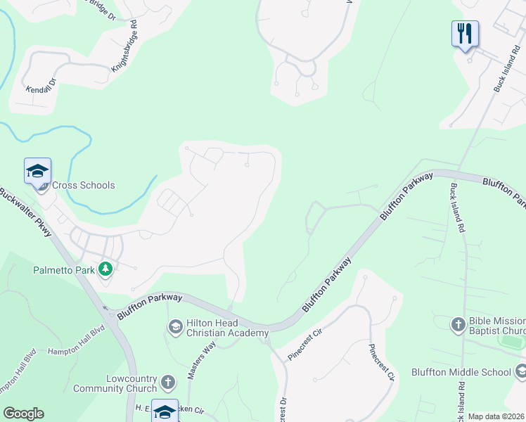 map of restaurants, bars, coffee shops, grocery stores, and more near 56 Crossings Boulevard in Bluffton
