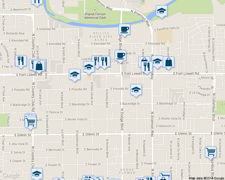 map of restaurants, bars, coffee shops, grocery stores, and more near 102 North Richey Boulevard in Tucson