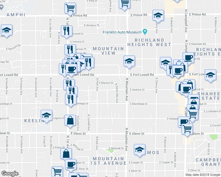 map of restaurants, bars, coffee shops, grocery stores, and more near 1106 East Blanton Drive in Tucson