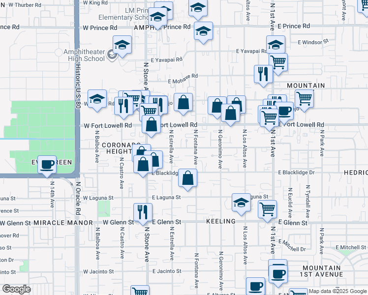 map of restaurants, bars, coffee shops, grocery stores, and more near 245 East Delano Street in Tucson