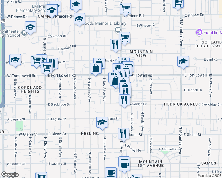map of restaurants, bars, coffee shops, grocery stores, and more near N 2nd Ave & E Delano St in Tucson