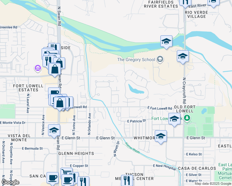 map of restaurants, bars, coffee shops, grocery stores, and more near 5079 East Quartermaster Court in Tucson