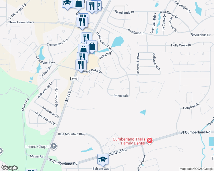 map of restaurants, bars, coffee shops, grocery stores, and more near Barrett Court in Tyler