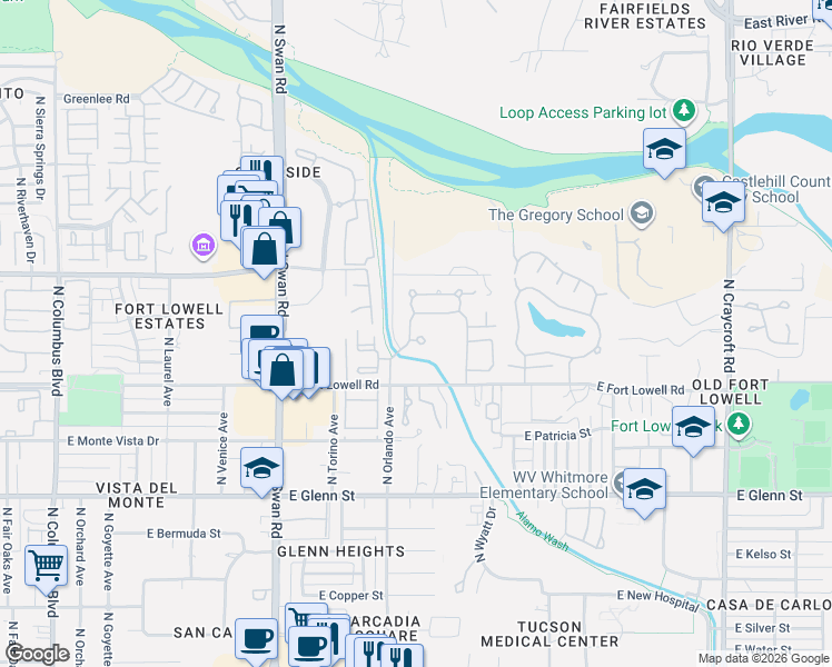 map of restaurants, bars, coffee shops, grocery stores, and more near 3115 North Valley Ranch Drive in Tucson