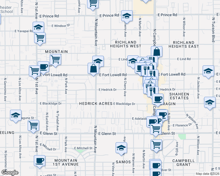 map of restaurants, bars, coffee shops, grocery stores, and more near 1417 East Hedrick Drive in Tucson