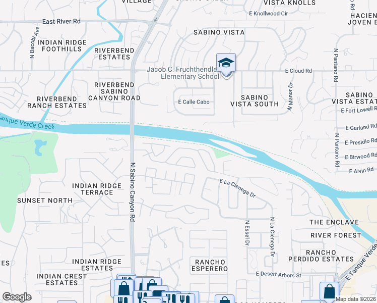 map of restaurants, bars, coffee shops, grocery stores, and more near 7317 East Shoreline Drive in Tucson