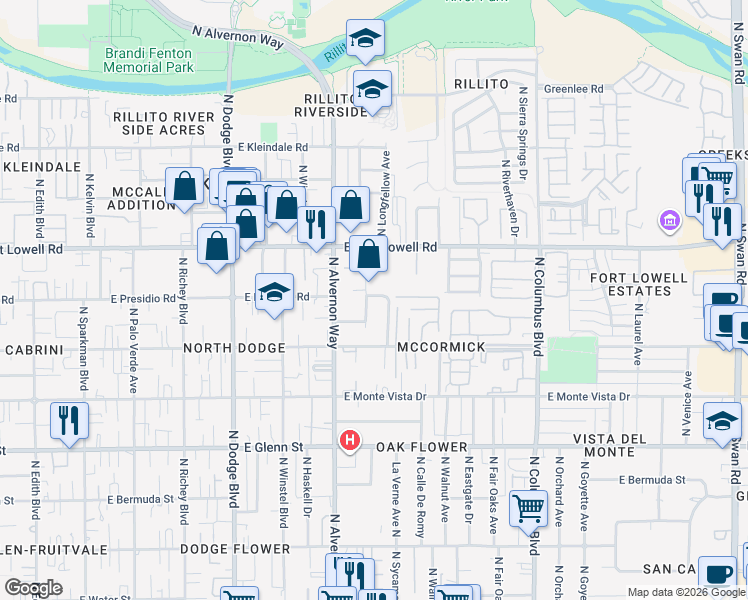 map of restaurants, bars, coffee shops, grocery stores, and more near 3101 North Dale Avenue in Tucson