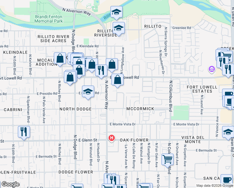 map of restaurants, bars, coffee shops, grocery stores, and more near 3101 North Dale Avenue in Tucson