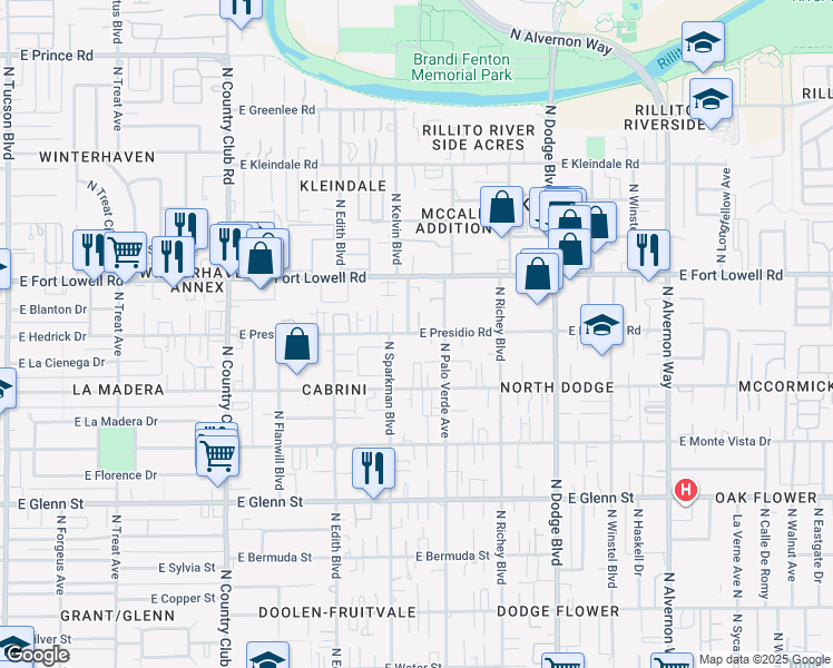 map of restaurants, bars, coffee shops, grocery stores, and more near 3461 East Presidio Road in Tucson