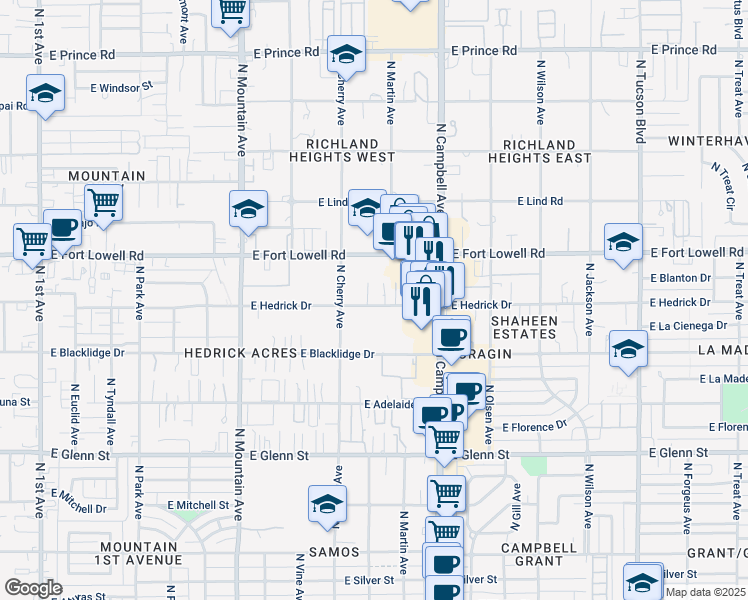 map of restaurants, bars, coffee shops, grocery stores, and more near 1719 East Hedrick Drive in Tucson