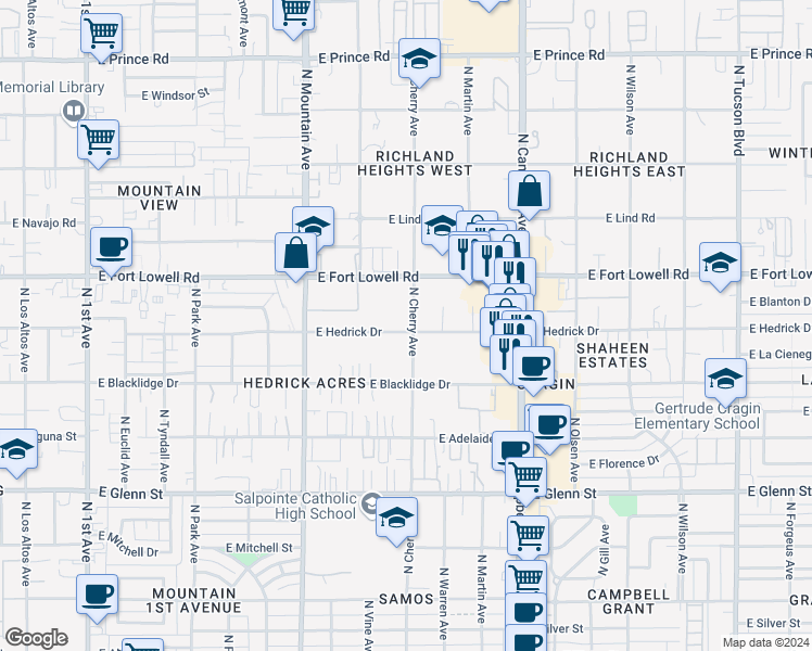 map of restaurants, bars, coffee shops, grocery stores, and more near 1515 East Hedrick Drive in Tucson