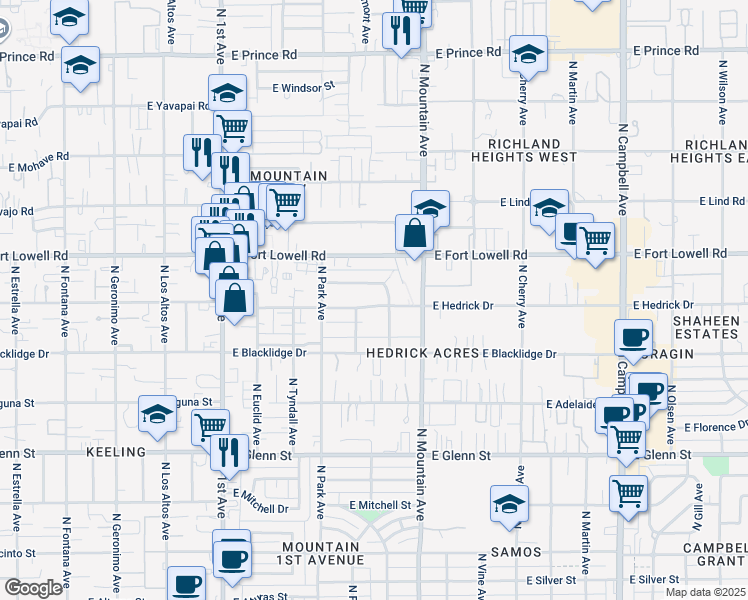 map of restaurants, bars, coffee shops, grocery stores, and more near 1106 East Blanton Drive in Tucson