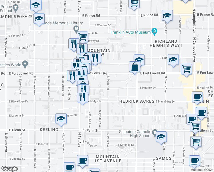 map of restaurants, bars, coffee shops, grocery stores, and more near 3130 North Park Avenue in Tucson