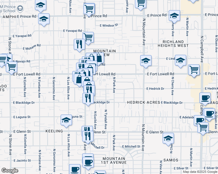 map of restaurants, bars, coffee shops, grocery stores, and more near 3106 North Tyndall Avenue in Tucson