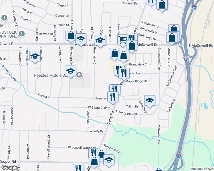 map of restaurants, bars, coffee shops, grocery stores, and more near 211 Cherry Hill Drive in Jackson