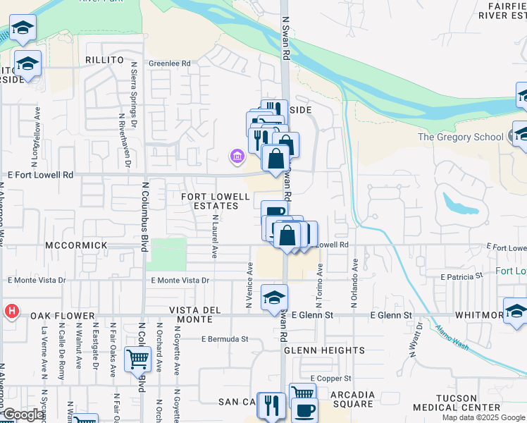 map of restaurants, bars, coffee shops, grocery stores, and more near 3121 North Swan Road in Tucson