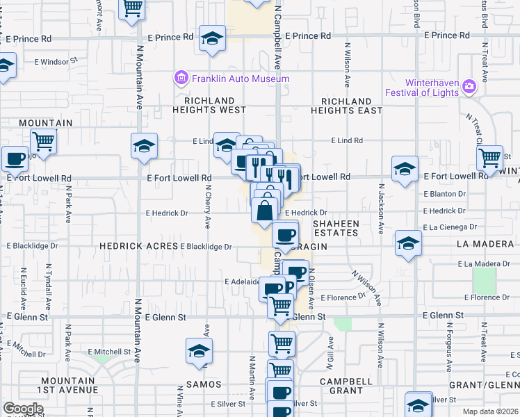 map of restaurants, bars, coffee shops, grocery stores, and more near 3105 North Campbell Avenue in Tucson
